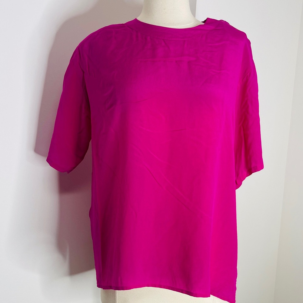 Penbrooke Lane Magenta Pink 100% Silk Short Sleeve Keyhole Blouse Size 12